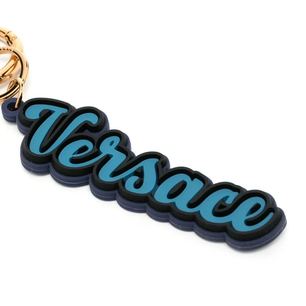 Versace Unisex Key Ring Gold Round Blue Silicone Charm Logo Key Chain NWT $225